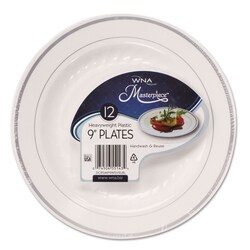 Essendant&nbsp;WNA Masterpiece Plastic Plates  9 dia  White/Silver  10/Pack  12 Packs/Carton