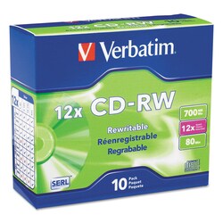 Essendant&nbsp;Verbatim CD-RW High-Speed Rewritable Disc  700 MB/80 min  12x  Slim Jewel Case  Silver  10/Pack
