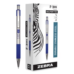 Essendant&nbsp;Zebra F-301 Ballpoint Pen  Retractable  Fine 0 7 mm  Blue Ink  Stainless Steel/Blue Barrel