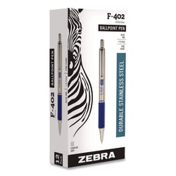 Essendant&nbsp;Zebra F-402 Ballpoint Pen  Retractable  Fine 0 7 mm  Blue Ink  Stainless Steel/Blue Barrel