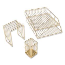 Essendant&nbsp;U Brands Vena Desktop Organization Kit  8 Compartments  Letter Sorter  Paper Tray  Pencil Cup  Gold  Metal