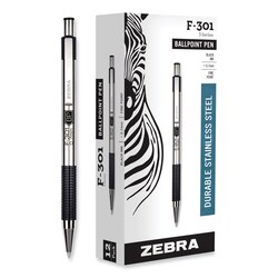 Essendant&nbsp;Zebra F-301 Ballpoint Pen  Retractable  Fine 0 7 mm  Black Ink  Stainless Steel/Black Barrel  Dozen