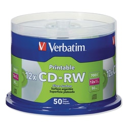Essendant&nbsp;Verbatim CD-RW DataLifePlus Printable Rewritable Disc  700 MB/80 min  12x  Spindle  Silver  50/Pack