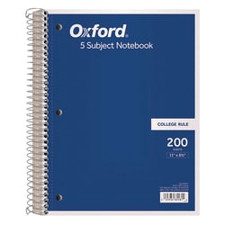 Essendant&nbsp;Oxford Coil-Lock Wirebound Notebook  3-Hole Punch  5-Subject  College Rule  Randomly Assorted Covers  (200) 11x8 5 Sheets
