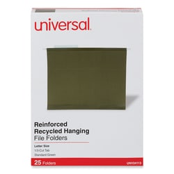 Essendant&nbsp;Universal Deluxe Reinforced Recycled Hanging File Folders  Letter Size  1/3-Cut Tabs  Standard Green  25/Box