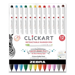 Essendant&nbsp;Zebra ClickArt Porous Point Pen  Retractable  Fine 0 6mm  Assorted Ink Colors  White Barrel  12/Pack
