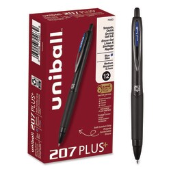 Essendant&nbsp;uniball 207 Plusplus  Gel Pen  Retractable  Medium 0 7 mm  Blue Ink  Black Barrel  Dozen