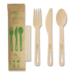 Essendant&nbsp;World Centric Bamboo Cutlery  Fork/Knife/Napkin/Spoon  Paper  Natural  250/Carton