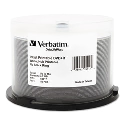 Essendant Verbatim DVDplus R Recordable Disc  4 7 GB  16x  Spindle  Hub Printable  White  50/Pack