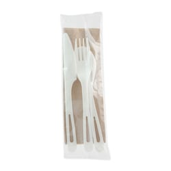 Essendant&nbsp;World Centric TPLA Compostable Cutlery Kit  Fork/Knife/Napkin/Spoon  Plastic  White  250/Carton