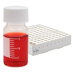 Chemglass Life Sciences&nbsp;40mL Graduated Vials with Marking Spot, 28mm OD x 95mm Height, 24-400 Thread Size, White Solid Top Cap with Bonded Silicone/PTFE Liner, SBS Coated White Tray