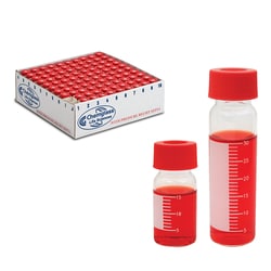 Chemglass Life Sciences&nbsp;40mL Graduated Vials with Marking Spot, 28mm OD x 95mm Height, 24-414 Thread Size, Red Pressure Relief Cap, SBS Coated White Tray