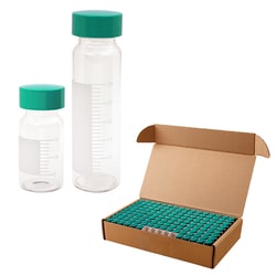 Chemglass Life Sciences&nbsp;40mL Graduated Vials with Marking Spot, 28mm OD x 95mm Height, 24-400 Thread Size, with Urea Green Thermoset Solid Caps with F217 Foam Backed PTFE liner, LAB-PAC