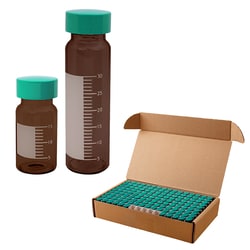 Chemglass Life Sciences&nbsp;Amber 40mL Graduated Vials with Marking Spot, 28mm OD x 95mm Height, 24-400 Thread Size, with Urea Green Thermoset Solid Caps with F217 Foam Backed PTFE liner, LAB-PAC