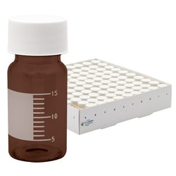 Chemglass Life Sciences&nbsp;40mL Graduated Vials with Marking Spot, Amber, 28mm OD x 95mm Height, 24-414 Thread Size, White Solid Top Cap with Bonded Silicone/PTFE Liner, SBS Coated White Tray