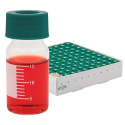 Chemglass Life Sciences&nbsp;20mL Graduated Vials with Marking Spot, 28mm OD x 57mm Height, 24-400 Thread Size, Green Open Top Cap, TFE Septa, SBS Coated White Tray
