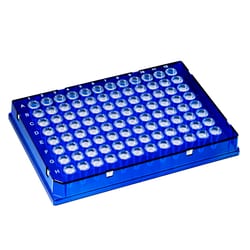USA Scientific Inc&nbsp;TempPlate Rigid fully skirted polypropylene 0.1 mL 96-well PCR plate, blue frame, clear wells, standard depth, 10/box.