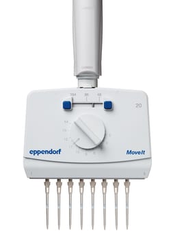 USA Scientific Inc&nbsp;Eppendorf Research plus Move It, 6-channel, 9-20 mm cone distance, variable, incl. epT.I.P.S. Box 2.0, 30-300 uL, orange