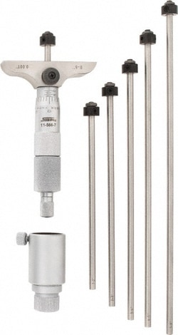 MSC&nbsp;SPI Mechanical Depth Micrometer, 0-6 in Range, 0.001 in Graduation, 2.5 in Base, 6 Rods