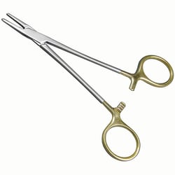 Med Vet International&nbsp;Aesculap AG Mayo-Hegar Needle Holder/Scissors, 5.5-in., Tungsten Carbide Inserts, Gold-Plated Finger Rings, J0661