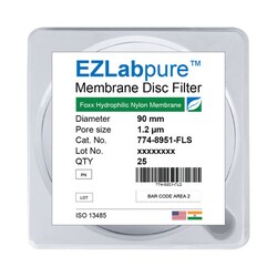 Foxx Life Sciences&nbsp;EZLabpure&trade; Nylon Hydrophilic Membrane Filters, 1.2 µm Pore Size, 90mm Diameter Filtration Membrane Discs, Non Sterile, 25/PK