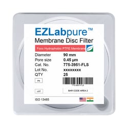 Foxx Life Sciences&nbsp;EZLabpure&trade; PTFE Hydrophobic Membrane Filters, 0.45µm Pore Size, 90mm Diameter Membrane Filter Discs, Non Sterile, 25/PK