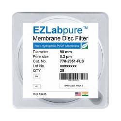 Foxx Life Sciences&nbsp;EZLabpure&trade; PVDF Hydrophilic Membrane Filters, 0.22µm Pore Size, 90mm Diameter Filtration Membrane Discs, Non Sterile, 25/PK