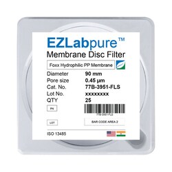 Foxx Life Sciences&nbsp;EZLabpure&trade; Polypropylene PP Hydrophilic Membrane Filters, 0.45µm Pore Size, 90mm Diameter Filtration Membrane Discs, Non Sterile, 25/PK