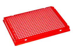 Alkali Scientific&nbsp;ProCycle&trade; 30µL 384 Well Rigid&trade; PCR Plate, Full Skirt, A24 Notch, Polycarbonate Frame, 10/Pack, Red Frame, Clear Well