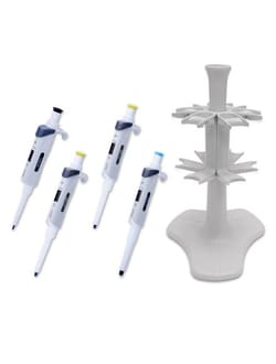 Alkali Scientific&nbsp;Halo&trade; Pipettor Starter kit includes 4 Halo&trade; Pipettors (10µL, 20µL, 200µL, 1250µL) and a a 6 place carousel stand, Free Personalized Engraving (40 custom characters to be spread out over 2 lines of 20)