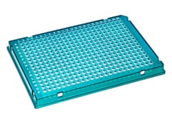 Alkali Scientific&nbsp;ProCycle&trade; 30µL 384 Well Rigid&trade; PCR Plate, Full Skirt, A24 Notch, Polycarbonate Frame, 10/Pack, Green Frame, Clear Well