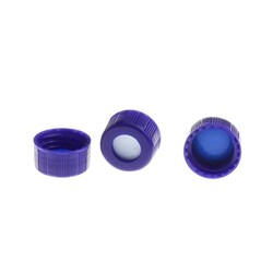 Alkali Scientific&nbsp;Blue 9 425 Open Top Ribbed PP Screw Caps with 9mm Blue PTFE/White Silicone Septa, 1mm Thick, Pre Slit, 100/Pack