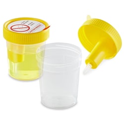 Alkali Scientific&nbsp;Urine Collection Cup with Integrated Direct Transfer Device for Vacuum Tubes, Sterile, 4oz. (120mL), Graduated to 100mL with Temperature Strip, 300/Case