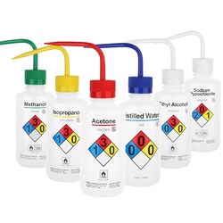 Alkali Scientific&nbsp;Safety Wash Bottles, GHS and OSHA Compliant, Self Venting, LDPE, 500mL (16oz), 6/Pk, Distilled Water (Natural)
