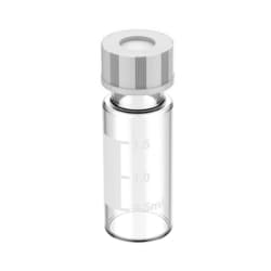 Alkali Scientific&nbsp;Silanized Glass Vials with Septum Screw Cap, PTFE/Silicone Lined, Flat Bottom, White Writing Area, Sterile, 100/Pk, 2mL (12mm), 8 425 Screw Thread, Clear