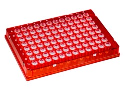 Alkali Scientific&nbsp;ProCycle&trade; 0.1mL 96 Well Rigid&trade; PCR Plate, Full Skirt, Polycarbonate Frame, 10/Pack, Red Frame, Clear Well
