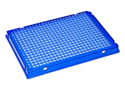 Alkali Scientific&nbsp;ProCycle&trade; 30µL 384 Well Rigid&trade; PCR Plate, Full Skirt, A24 Notch, Polycarbonate Frame, 10/Pack, Blue Frame, Clear Well