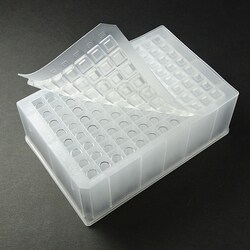 Analytical Sales & Services&nbsp;0.7mL Tapered/Flat-Bottom Clear Glass Inserts in 96-Well Plate with Clear Silicone Ultra Thin Cap Mat
