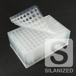 Analytical Sales & Services&nbsp;0.7mL Tapered/Round-Bottom Clear Glass Inserts in 96-Well Plate with Pierceable Cap Mat - SILANIZED