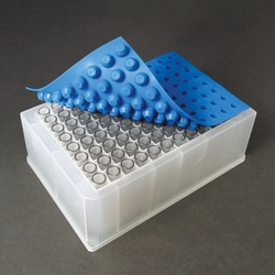 Analytical Sales & Services&nbsp;1mL Low Carry Tapered/Round-Bottom Clear Glass Inserts in 96-Well Plate with Blue Pre-Slit Cap Mat
