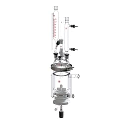 Ace Glass, Inc.&nbsp;1000mL jacketed pressure reactor complete with 28/15 ball joint I/O100mm Ace-Thred five neck head,80mm bottom valved adapter,100 micron PE & 350 micron PP filter supports,stir shaft bearing condenser addition funnel clamp & o-rings