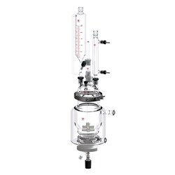 Ace Glass, Inc.&nbsp;2000mL jacketed pressure reactor complete with 28/15 ball joint I/O100mm Ace-Thred five neck head 80mm bottom valved adapter,100 micron PE & 350 micron PP filter supports stir shaft bearing condenser addition funnel clamp & o-rings