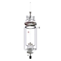 Ace Glass, Inc.&nbsp;150mL jacketed filter reactor complete with 28/15 ball joint inlet/outlets 60mm three neck 24/40 head 50mm bottom valved inlet/outlets 60mm three neck 24/40 head 50mm bottom valved shaft clamp bushings & o-rings. 0-5mm s/c adapter