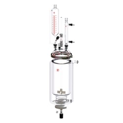 Ace Glass, Inc.&nbsp;6000mL jacketed pressure reactor complete with 28/15 ball joint I/O,150mm Ace-Thred six neck head 80mm bottom valved adapter 100 micron PE & 350 micron PP filter supports,stir shaft bearing condenser addition funnel clamp & o-rings