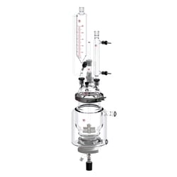 Ace Glass, Inc.&nbsp;1000mL jacketed pressure reactor complete with 28/15 ball joint I/O 100mm Ace-Thred five neck head 80mm bottom valved adapter 100 micron PE & 350 micron PP filter supports stir shaft bearing condenser addition funnel clamp & o-rings