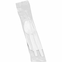 Enterprise Technology Solutions&nbsp;Genuine Joe  4-Piece Utensil Kit,Medium-Weight Knife/Fork/Spoon,Napkin,250 PK/CT,White