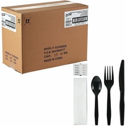 Enterprise Technology Solutions&nbsp;Genuine Joe  6-Piece Utensil Kit,Medium-Weight Knife/Fork/Spoon,Napkin,Salt/Pepper Packets,1000/BX,1BX/CT,Black
