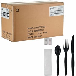 Enterprise Technology Solutions&nbsp;Genuine Joe  6-Piece Utensil Kit,Heavyweight Knife/Fork/Spoon,Napkin,Salt/Pepper Packets,1000/BX,1BX/CT, Black
