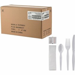Enterprise Technology Solutions&nbsp;Genuine Joe  6-Piece Utensil Kit,Heavyweight Knife/Fork/Spoon,Napkin,Salt/Pepper Packets,1000/BX,1BX/CT,White