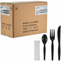 Enterprise Technology Solutions&nbsp;Genuine Joe  4-Piece Utensil Kit,Medium-Weight Knife/Fork/Spoon,Napkin,1000/BX,1BX/CT,Black